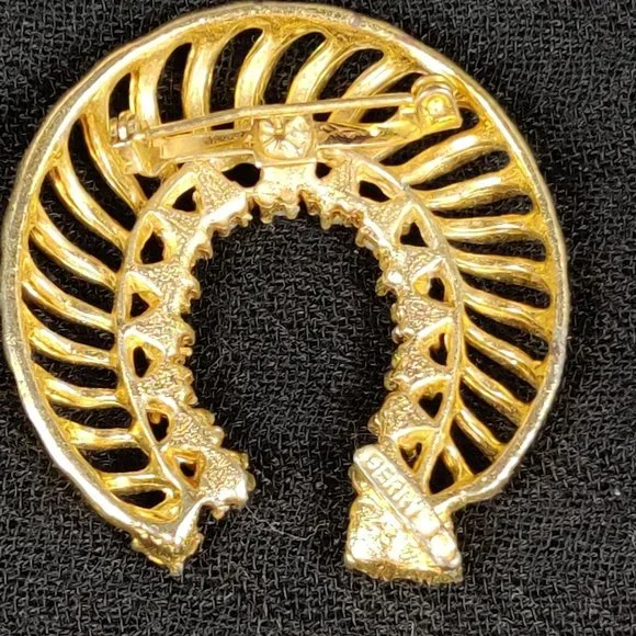 Vintage Gerrys Horseshoe Brooch Pin Faux Pearls Pink Rhinestones Chic Gold Tone - Picture 2 of 10